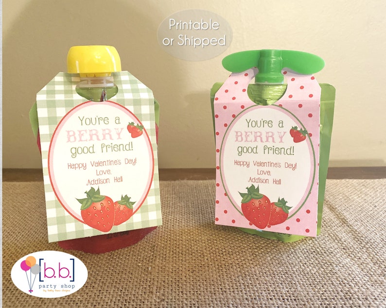 Applesauce Fruit Pouch Valentine Tag Label Strawberry Personalized Printable or Shipped image 1