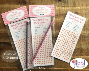 Valentine's Day Word Search Pencil Teacher Personalized Treat Bag and Topper- Printable or Shipped