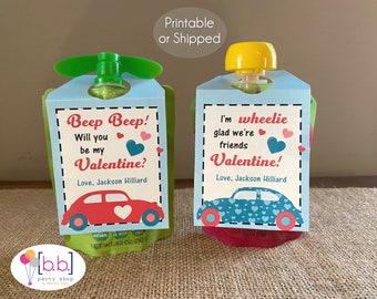 Applesauce Pouch Valentine Cars Tag Label- Personalized- Printable or Shipped