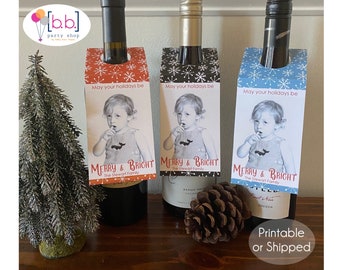 Photo Christmas Wine Tag Label Printable or Shipped