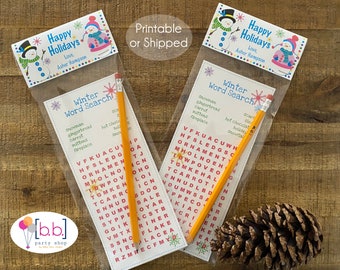 Snowman Holiday Winter Party Treat Goodie Word Search Pencil Personalized - Printable or Shipped