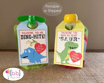 Dinosaur Applesauce Fruit Pouch Valentine Label- Personalized- Printable or Shipped