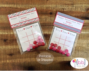 Valentine's Day Card- Tic Tac Toe- Treat Bag Topper- Navy & Red- Printable or Shipped