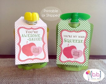 Applesauce Pouch Valentine's Day Tag Label- Printable or Shipped