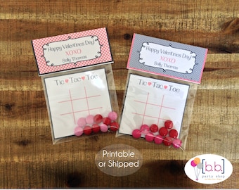 Valentine's Day Card- Tic Tac Toe- Treat Bag Topper- Navy & Pink- Printable or Shipped