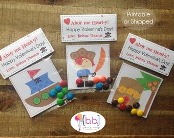 Valentine's Day Card Personalized- Pirates- Candy Treat Bags- Printable or Shipped