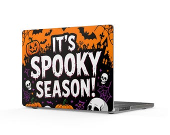 It's Spooky Season MacBook Pro16 Case | Halloween Laptop Cover, Orange Black Skull Pumpkin Design