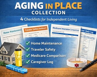 Aging in Place Planner Bundle | Home Maintenance Log, Caregiver Daily Log, Medicare Comparison Sheets, Travel Safety Planner