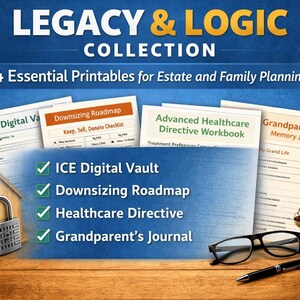 May include: Image featuring the "Legacy & Logic Collection" with 4 essential printables for estate and family planning. Includes a wooden house with a combination lock, a balance scale, glasses, and a pen. The printables are titled: ICE Digital Vault, Downsizing Roadmap, Healthcare Directive, and Grandparent's Journal.
