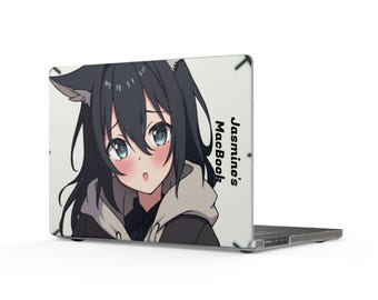 Personalizable Shy Catgirl Illustration Matte MacBook Pro16 Case | Anime Kawaii Laptop Skin