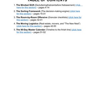 May include: A white page displaying a "TABLE OF CONTENTS". It lists five sections, including "The Mindset Shift" and "The Sorting Framework", with page numbers. The text at the bottom reads "Quiet Frameworks provides educational templates. This is not legal or medical advice."