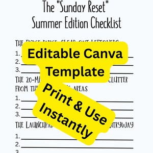 May include: A white checklist titled The Sunday Reset Summer Edition Checklist with black text and numbered lines. Two yellow rectangular banners overlay the text, reading Editable Canva Template and Print & Use Instantly in black font.