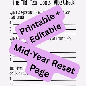May include: A white document titled The Mid-Year Goals Vibe Check with black text and lines for writing. Two light purple rectangular overlays with rounded corners feature the black text Printable + Editable and Mid-Year Reset Page.