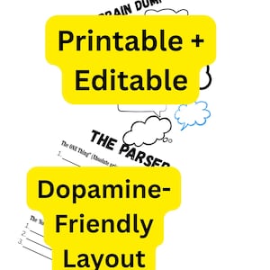 Op de afbeelding: Een wit document met zwarte tekst en tekstballongraphics, voorzien van twee gele rechthoekige overlays. De bovenste overlay bevat "Printable + Editable" en de onderste "Dopamine-Friendly Layout". Het document bevat de koppen "BRAIN DUMP" en "THE PARSED" met genummerde lijnen.