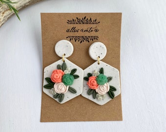 Floral Clay Earrings | Statement Earrings - Dangle Earrings, Minimalist Earrings, Everyday Jewelry, Polymer Clay, Gift Ideas, Floral