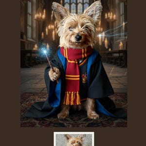 Könnte beinhalten: Ein Yorkshire Terrier als Zauberer verkleidet, mit einem schwarzen Umhang mit blauen Akzenten, einem rot-goldenen Schal und einem Zauberstab mit leuchtender blauer Spitze. Ein kleineres "Vorher" Foto ist ebenfalls enthalten.