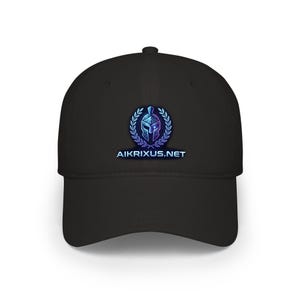 May include: Black baseball cap featuring a vibrant, stylized logo of a Spartan helmet within a laurel wreath, with the text AIKRIXUS.NET in a gradient of blue and purple. The cap has a curved brim and a structured crown.