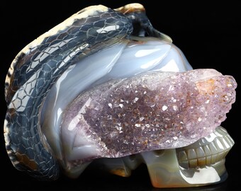 Skullis Crystal Skull, 5.1" Agate Amethyst Druse 5.3" Agate Amethyst Druse Hand Carved Crystal Skull Fine Art Sculpture, Crystal Healing