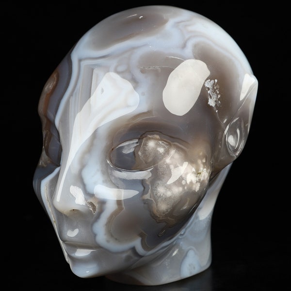 Skullis Crystal Skull, 4.1" Gray & White Agate Hand Carved Fairy Elf Alien Crystal Skull Companion Sculpture, Crystal Healing, Home Decor