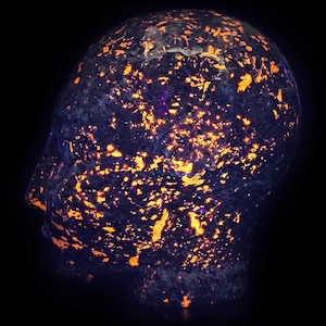 May include: A dark blue and black stone with a rough texture and a large number of small, bright orange spots. The stone is shaped like a human head.