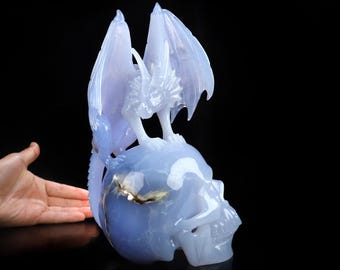Skullis Crystal Skull, 9.1&quot; Blue Chalcedony Hand Carved Crystal Skull and Dragon Fine Art Sculpture, Crystal Healing, Fine Art Sculpture