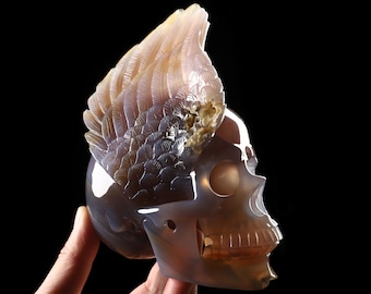 6.1" Agate Amethyst Geode Hand Carved Crystal Wing Skull Sculpture, Crystal Healing, Collectible Fine Art Sculpture, Home Decor, Gift