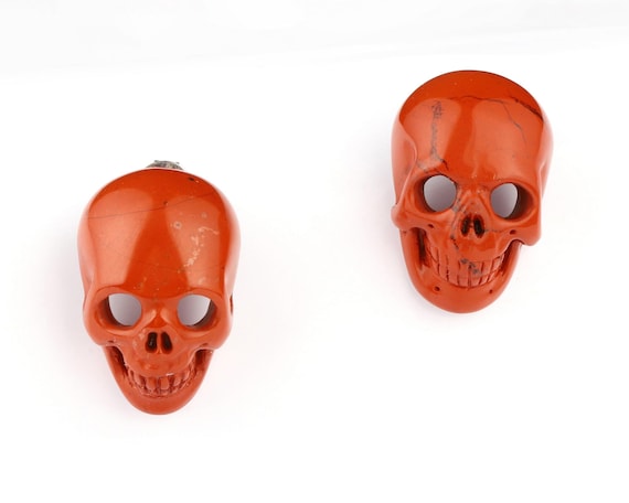 Skullis Crystal Skull, Red Jasper & 925 Sterling Silver Carved Crystal Skull Earrings, Skull Jewelry