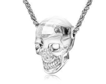 Necklace of 1.2" Quartz Rock Crystal Hand Carved Crystal Skull Pendant, Skull Jewelry
