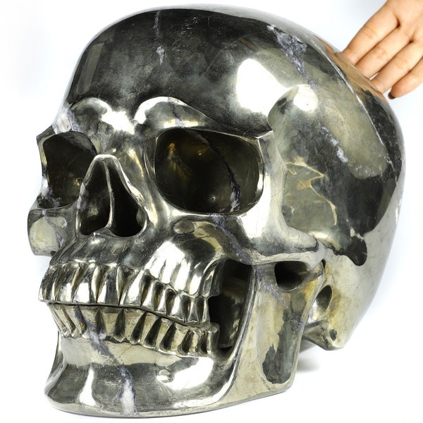 92.3LB Titan 12.6" Pyrite Hand Carved Crystal Skull Sculpture, Super Realistic, Crystal Healing