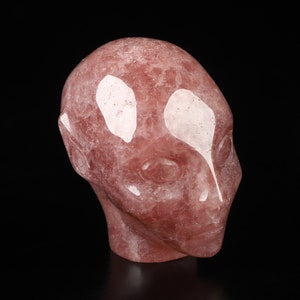 Puede incluir: Una escultura de cabeza de cristal rosa tallada con marcas blancas. La escultura es de un extraterrestre con ojos grandes y una barbilla puntiaguda.