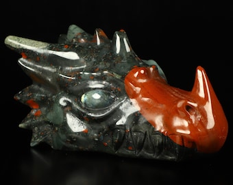 Skullis Crystal Skull, 5.9&quot; African Bloodstone Hand Carved Crystal Dragon Head Skull, Fine Art Sculpture,Gift