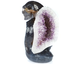 Skullis Crystal Skull, 4.5" Agate Amethyst Geode Hand Carved Snake Crystal Skull Fine Art Sculpture, Crystal Healing, Home Decor, Gift