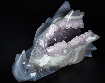 Skullis Crystal Skull, 5.6&quot; Agate Amethyst Druse Hand Carved Crystal Dragon Head Skull Sculpture, Crystal Healing, Fine Art Sculpture, Gift