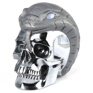 Op de afbeelding: Een chromen schedelsculptuur met een slangenhoofddeksel. De kop van de slang is donkergrijs met een blauw oog en de schedel is hoogglans gepolijst. De sculptuur is een uniek decoratief item.
