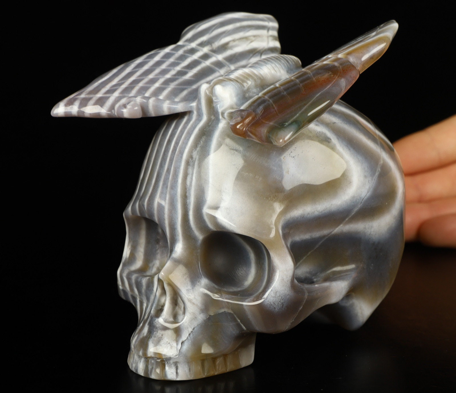 Skullis Crystal Skull, 4.6" Gray Banded Agate Hand Carved Crystal Butterfly Skull, Crystal Healing, Fine Art Sculpture,Gift