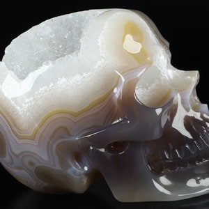 May include: A white, brown, and grey agate skull with a crystal-lined cavity. The skull is carved from a natural agate stone and has a detailed, realistic design.