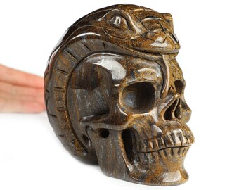 Skullis Crystal Skull, una serpiente comiendo, escultura de calavera de cristal tallada a mano en bronce brillante de 5.1 pulgadas, sanación con cristales.