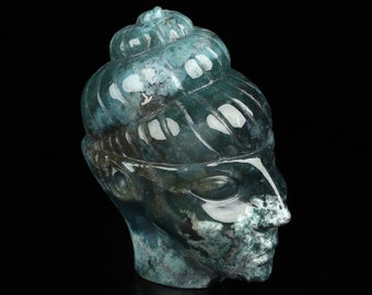 Skullis Crystal Skull, 4.7" Green Moss Agate Hand Carved Fairy Elf Alien Crystal Skull Companion  Eyes. Collectible Fine Art Sculpture, Gift