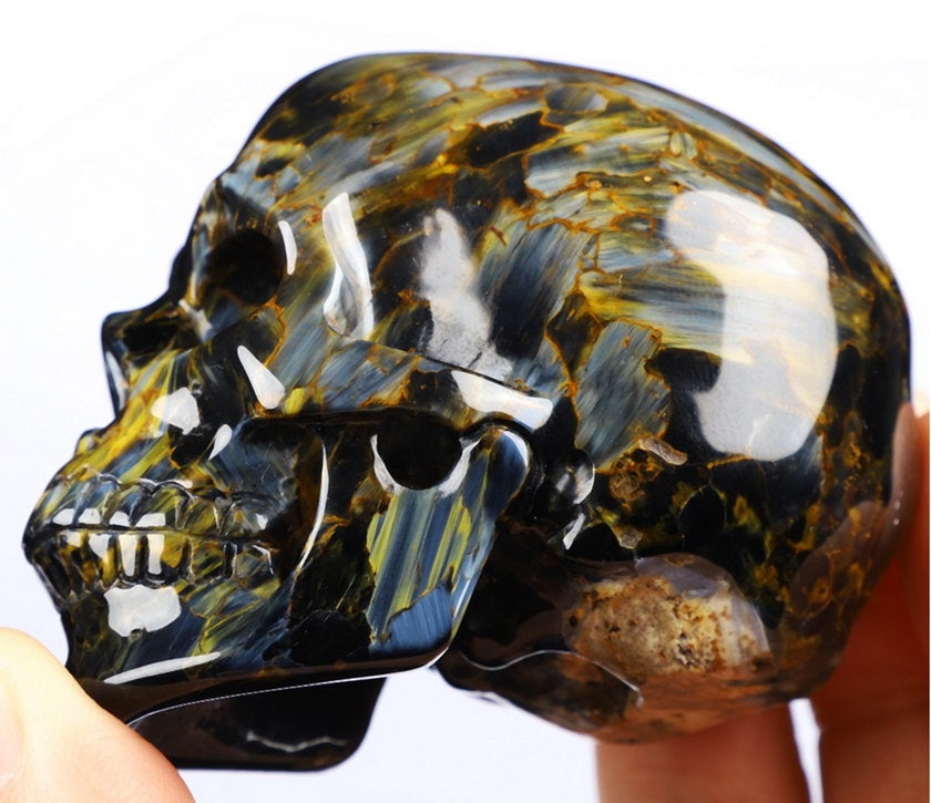 Skullis Crystal Skull AMAZING Gemstone 2.9" Pietersite Carved Crystal skull, Super Realistic, Fine Art Sculpture, Crystal Healing
