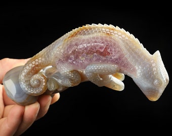 5.5&quot; Premium Brazilian Agate Hand Carved Crystal Lizard Sculpture, Crystal Healing, Collectible Fine Art Sculpture, Home Decor, Gift