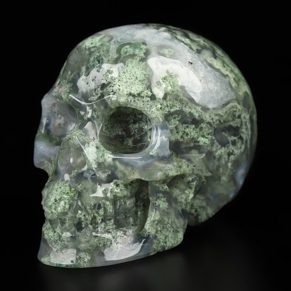 Skullis Crystal Skull, 2.0" Green Moss Agate Hand Carved Crystal Skull, Realistic, Crystal Healing, Fine Art Sculpture, Home Decor, Gift