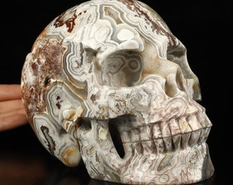 May include: A detailed, intricately carved human skull made from agate. The skull is a light brown, white, and gray color with swirling patterns throughout.