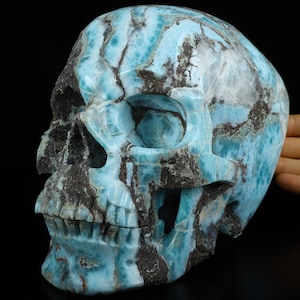 Skullis Crystal Skull, 7.4&quot; Larimar Carved Crystal Skull,Super Realistic, Crystal Healing, Fine Art Sculpture, Home Decor, Gift