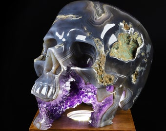 Skullis Crystal Skull, 8.8" Agate Amethyst Geode Hand Carved Gemstone Skull,  Collectible Fine Art Sculpture, Gift, Crystal Healing.