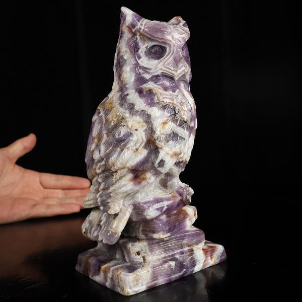 Mar 20th Skullis Daily DEALS 2/10, 7.7" Dream Chevron Amethyst Hand Carved Crystal Owl Sculpture, Crystal Healing