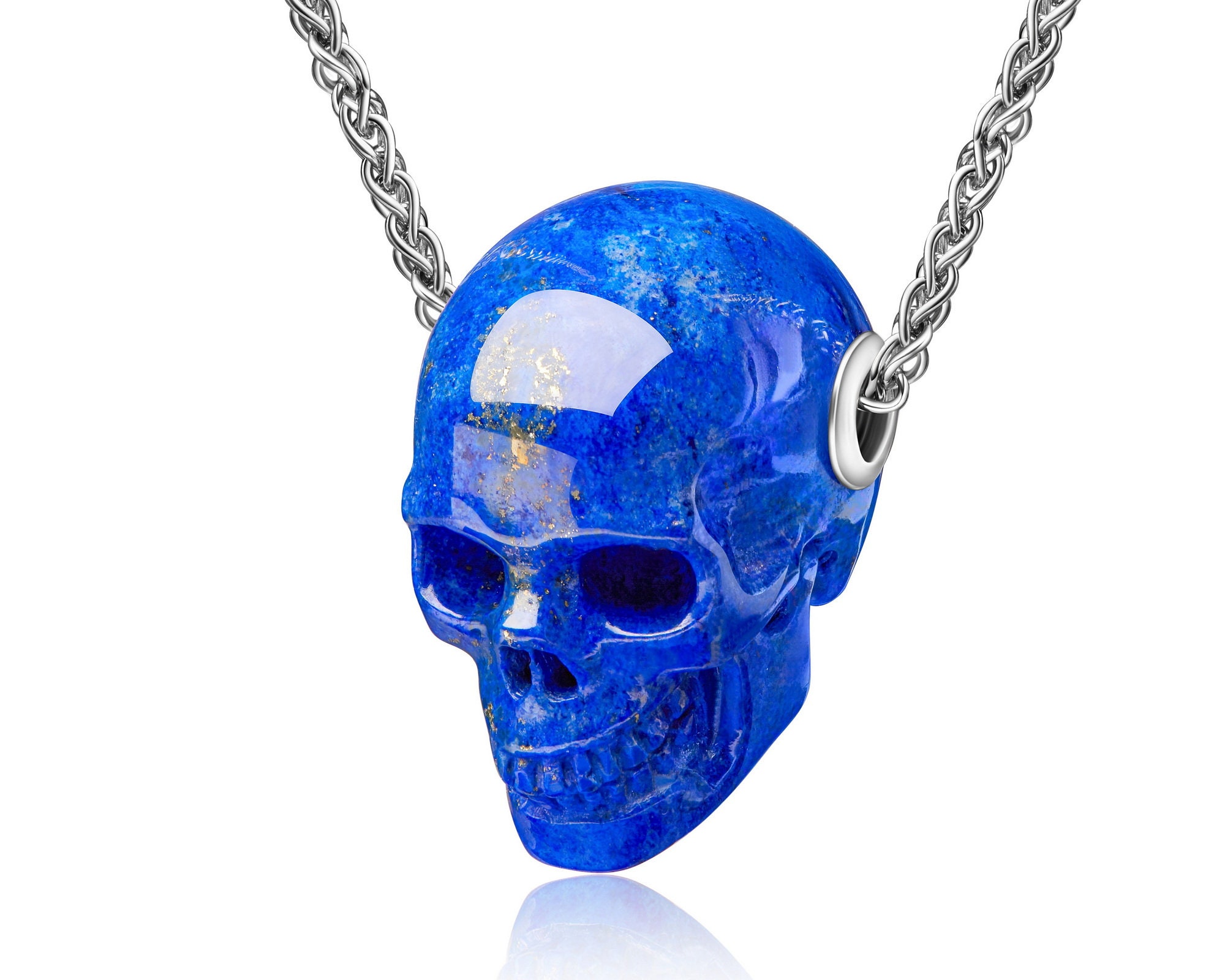 Gemstone Necklace of 1.2" Lapis Lazuli Hand Carved Crystal Skull Pendant, Skull Jewelry