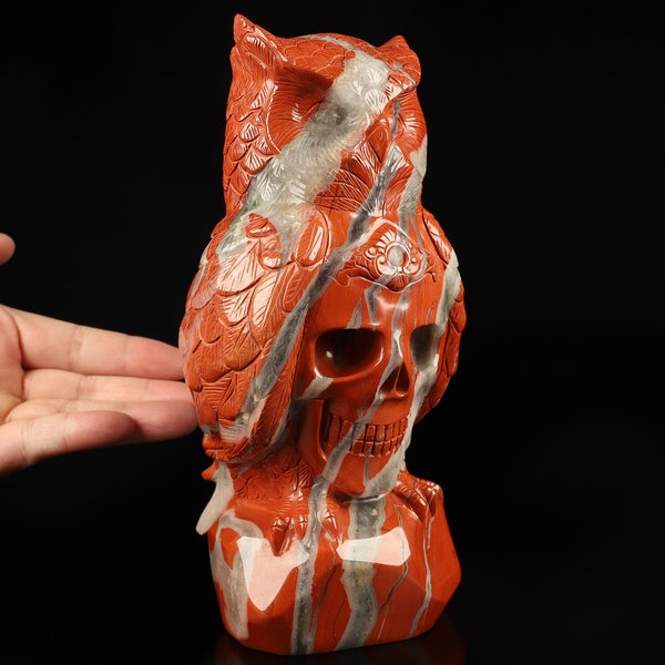 Skullis Crystal Skull, 7.6" Red Jasper Hand Carved Crystal Skull and Owl Fine Art Sculpture, Crystal Healing,Collectible Fine Art Sculpture