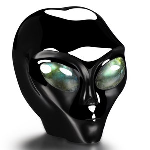 Könnte beinhalten: Schwarze Obsidian-Alien-Kopfskulptur mit grün schillernden Augen. Die Skulptur ist hochglanzpoliert und hat eine glatte, glänzende Oberfläche.