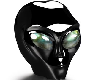 2.0 &quot;Schwarzer Obsidian handgeschnitzter Kristallschädelstern, weiblicher Alien-Schädel mit Labradorit-Augen, Reiki-Heilstein-Statue. Wohnkultur.