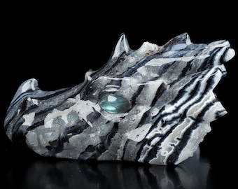 5.8&quot; Black Zebra Agate Hand Carved Crystal Dragon Head Skull with Labradorite Eyes Crystal Healing.